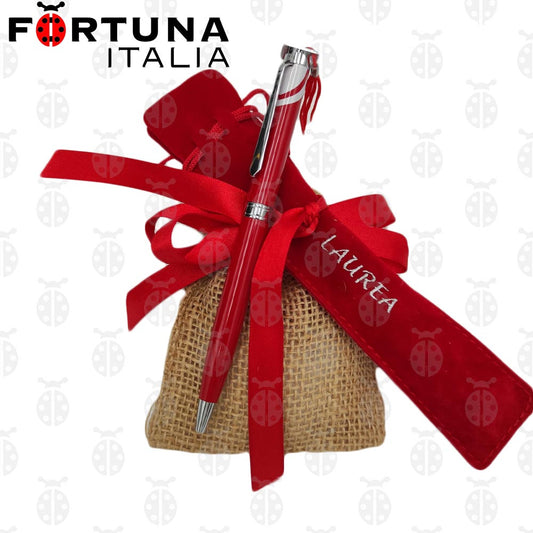 Bomboniera Penna Laurea Tocco Astuccio in Alcantara e Sacchetto con Confetti